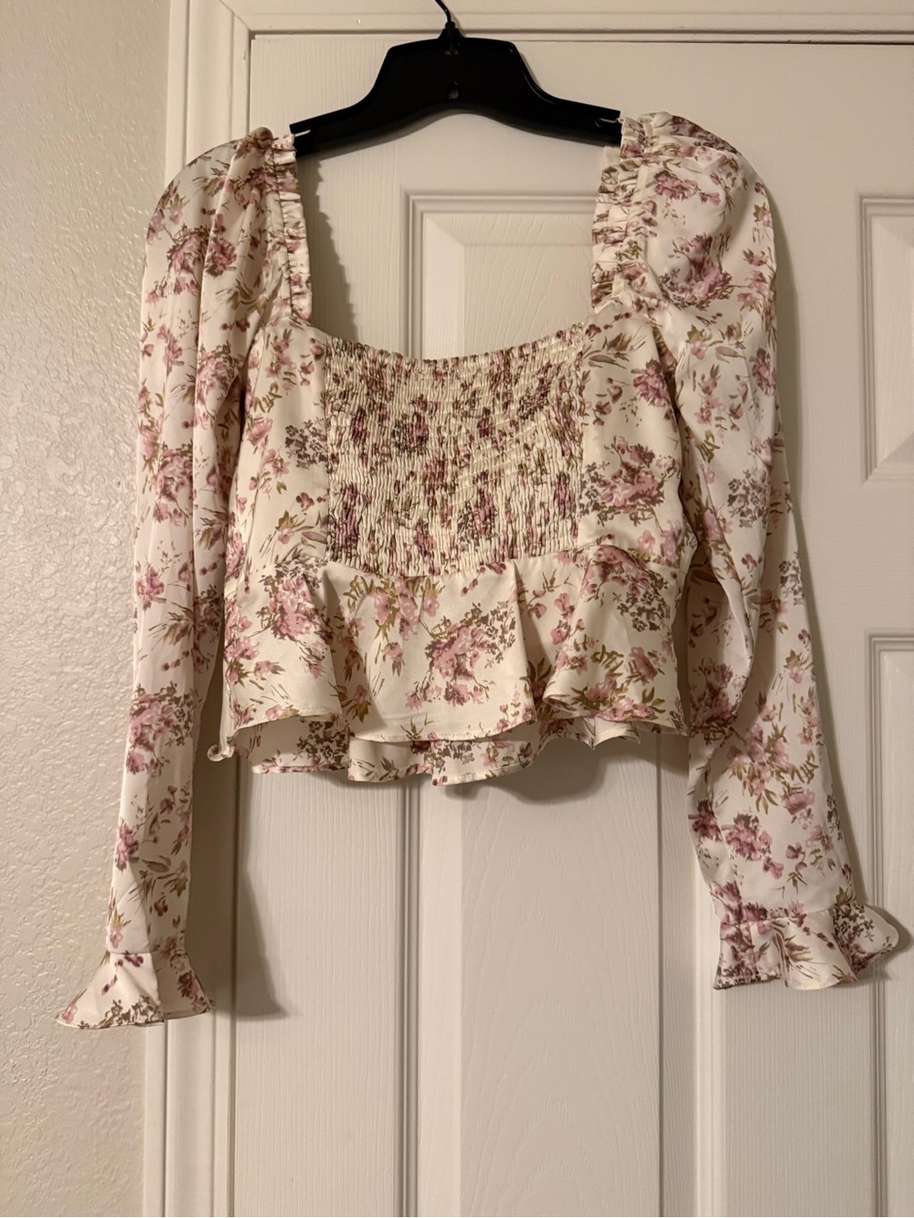 Astr Floral Square-Neck Peplum Blouse - Cream & Pink - Picture 2 of 5